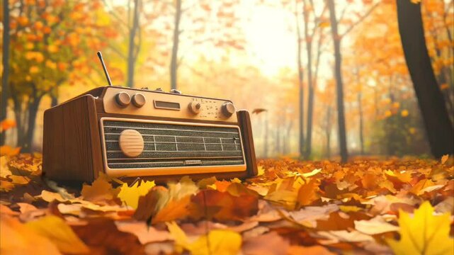 Vintage radio resting on autumn leaves in a forest during golden hour. Seamless looping 4k time-lapse video background
