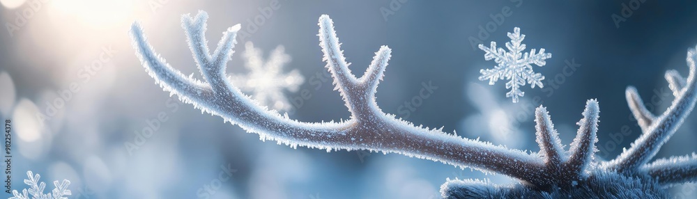Poster a close-up view of frosty reindeer antlers adorned with delicate snowflakes, creating a serene winte