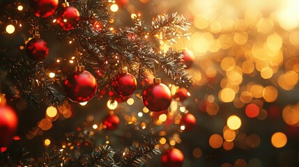 A festive Christmas tree with an array of red balls, each ornament gleaming brightly against the backdrop of lush, green branches and surrounded by the warm, enchanting glow of twinkling holiday