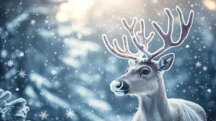 A serene winter scene featuring a majestic deer with antlers, surrounded by softly falling snowflakes and a tranquil forest backdrop.