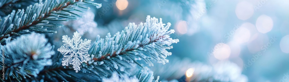 Poster Close-up of frosted pine branch with delicate snowflakes, creating a serene winter atmosphere with soft bokeh lights in the background.