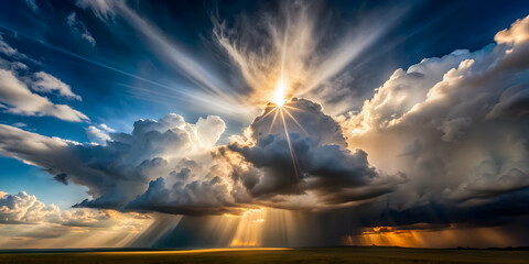 Dramatic display of sunlight breaking through storm clouds , clouds, gathering, weather, sunlight, dramatic, atmosphere, wonder