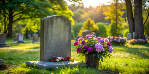 A solemn grave site with a weathered headstone surrounded by flowers and peaceful greenery, burial, tombstone