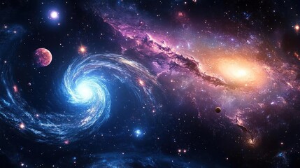 Obraz premium A swirling blue galaxy with a bright star and a red planet in the foreground, alongside a yellow galaxy with a nebula in the background.