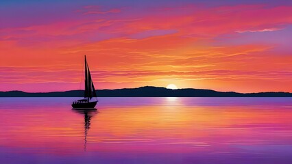 Fototapeta premium Serene sunset at sea with a single sailboat silhouetted against a vibrant purple sky, reflecting on the calm water surface as the sun dips towards the horizon.