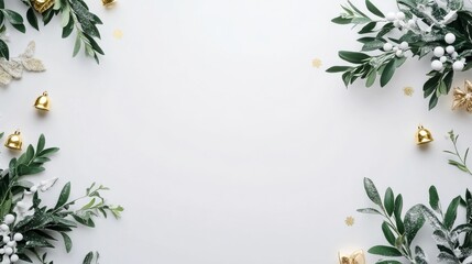 elegant christmas flat lay with golden accents and greenery border for festive holiday designs with clean white background