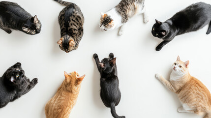 multiple cats on white background, top view