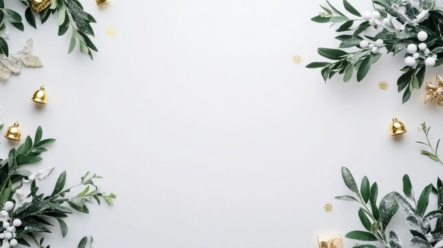 elegant christmas flat lay with golden accents and greenery border for festive holiday designs with clean white background