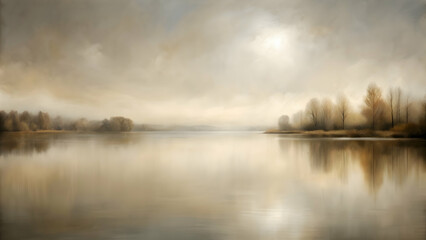 Abstract painting of a lake in neutral tones of beige and grey, with a blurry and soft appearance , art, abstract, painting, lake