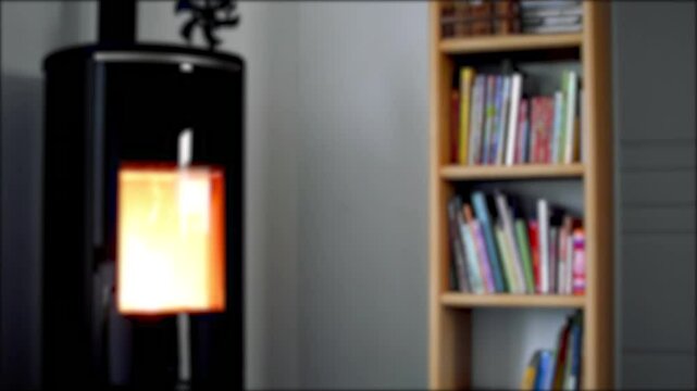 Blurred pellet stove in a living room with bookcase and heat diffuser