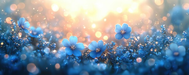 A captivating background of blue flowers softly blurred into a bokeh effect, with deep and soft blue tones blending seamlessly, creating a dreamlike atmosphere enhanced by a delicate, shimmering