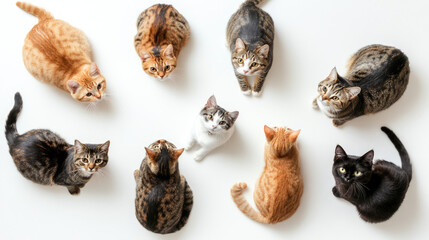 multiple cats on white background, top view