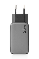 Black phone AC charger and USB cable on white background.