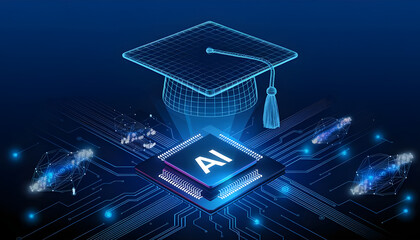 AI education or machine learning background Abstract digital tech bg AI chip and graduate hat