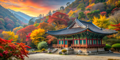 Fototapeta premium Korean temple surrounded by colorful autumn foliage, autumn, Korean, temple, architecture, Asia, nature, serene