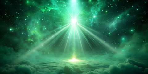 Ethereal green mist illuminated by a mystical light beam in a cosmic haze background, ethereal, green, mist, mystical
