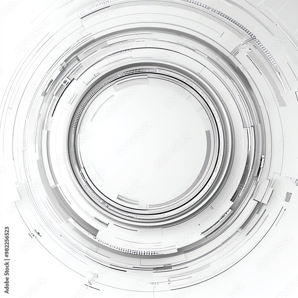 Poster abstract white futuristic technology background with concentric circles and lines, creating a circul