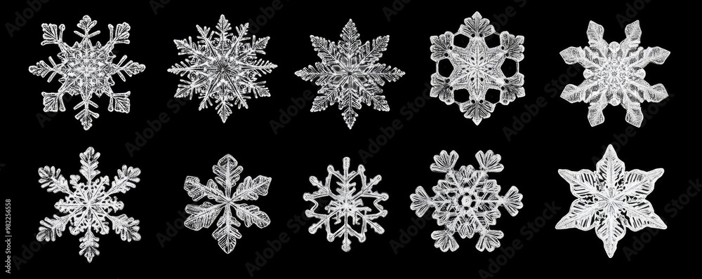 Poster A collection of unique snowflakes showcasing intricate patterns and designs, perfect for winter-themed projects and decorations.