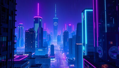 Cyberpunk Cityscape with Neon Lights and Rain