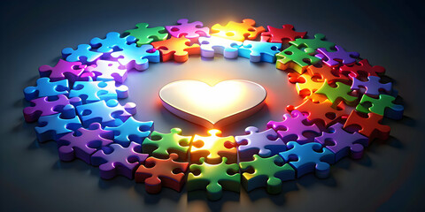 Colorful puzzle pieces in circular pattern with glowing heart symbolizing unity and love, unity, love, puzzle pieces