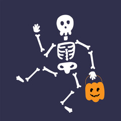 Dancing Skeletons with pumpkin jack o lantern Quirky White Skeleton Illustrations