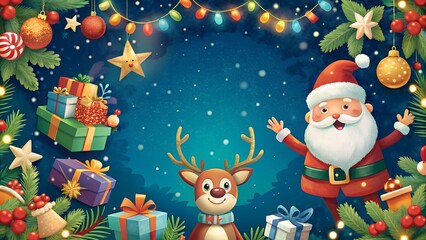 Fototapeta premium Festive Christmas scene with Santa Claus, reindeer, and colorful gifts, postcard 