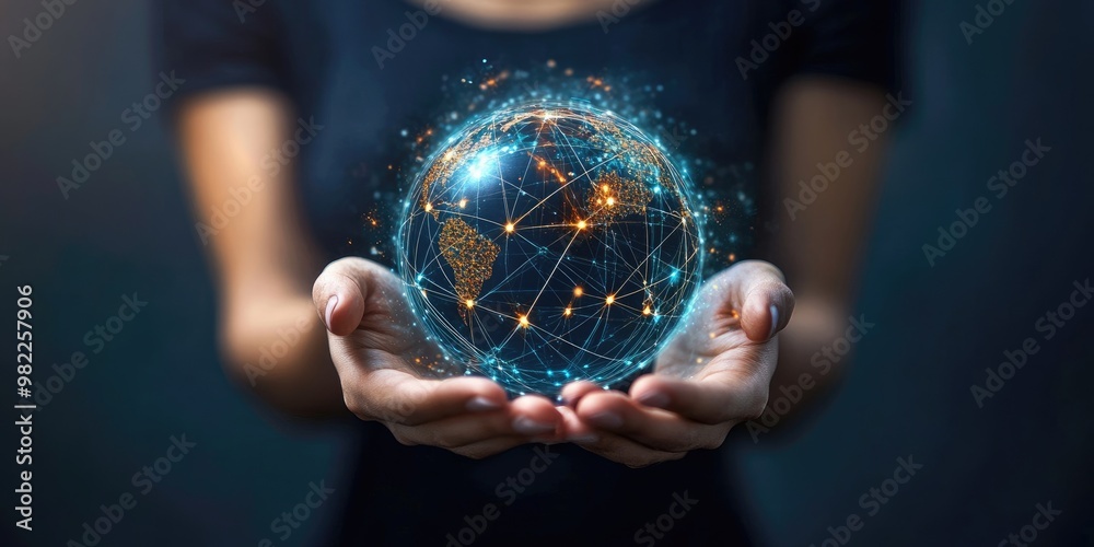 Poster a woman holding a virtual global internet connection representing metaverse technology. this highlig