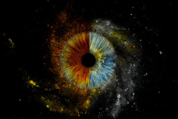 Close up of eye iris on black background, macro, photography	