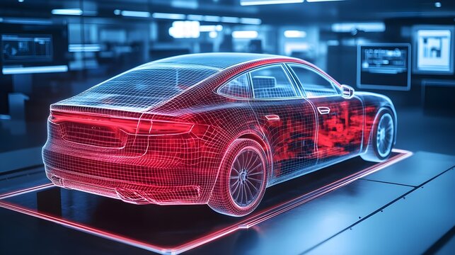 Futuristic digital car model showcasing advanced technology and design in a high-tech environment.