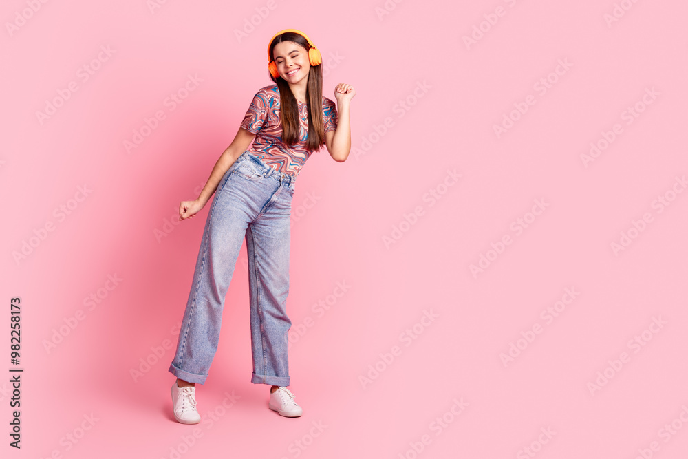 Poster full length photo of shiny attractive lady dressed retro outfit headphones dancing music empty space