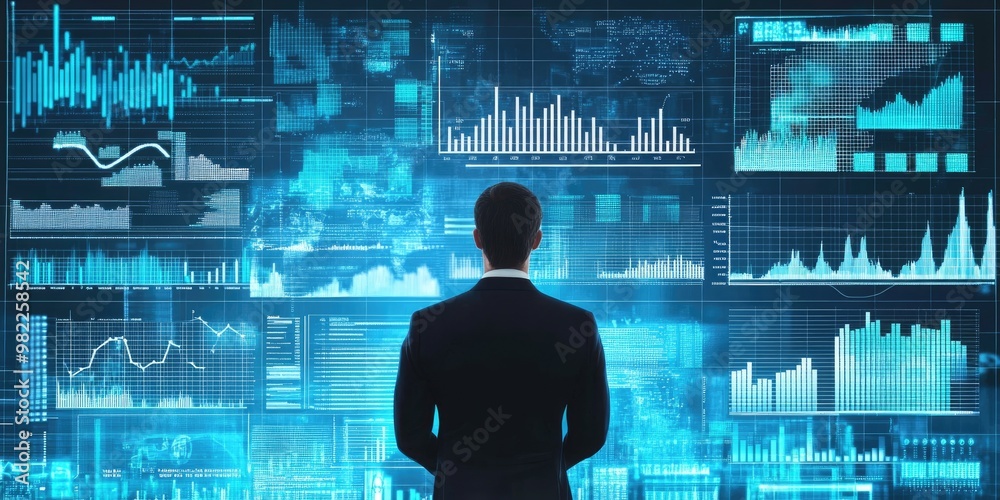 Poster Big data analytics and business intelligence are shown through digital charts and graphs, with a businessman analyzing data in the background.