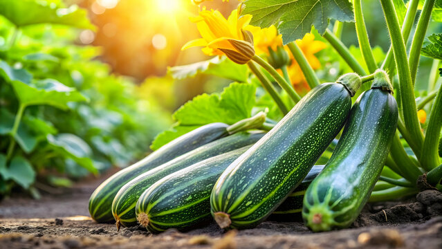 Fresh, organic zucchini growing in a vibrant garden, zucchini, vegetable, garden, organic, fresh, healthy, green, plant