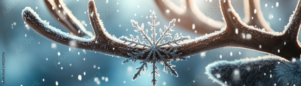 Poster A close-up view of a snowflake resting on a reindeer antler, surrounded by a serene winter landscape with falling snow.