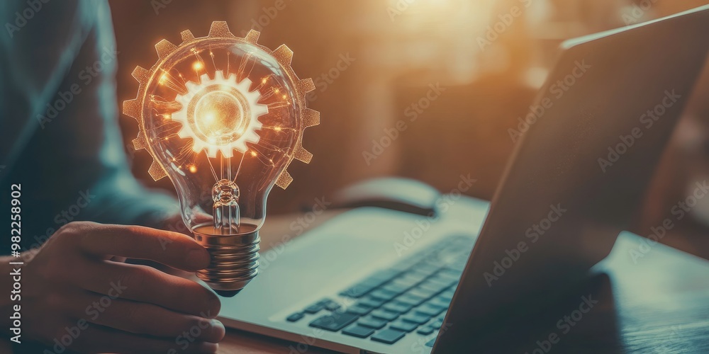 Leinwandbilder A light bulb with a gear icon symbolizes innovation and technological creativity, with a man using a notebook computer to develop new ideas and inspire innovation.