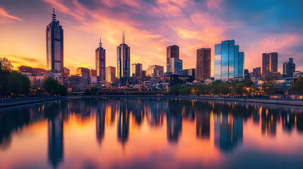 Fototapeta premium A stunning sunset view of city skyline reflecting on calm river, showcasing modern skyscrapers and vibrant colors in sky. scene evokes sense of tranquility and urban beauty