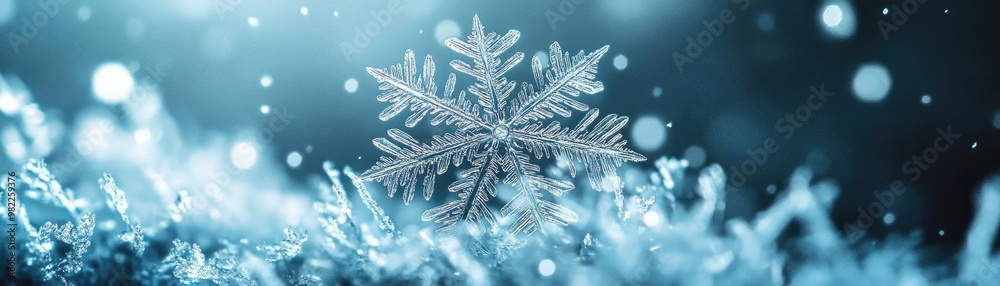 Poster close-up of a delicate snowflake on shimmering ice, surrounded by soft blue hues, capturing the esse