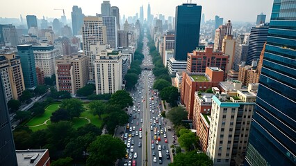 Obraz premium An aerial view of a bustling city with high-rise buildings captures the vibrant energy of urban life, showcasing architecture and the dynamic interplay of modern living.