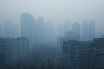 Fototapeta premium modern city skyline shrouded in thick, grey smog. Buildings and trees barely visible in the haze
