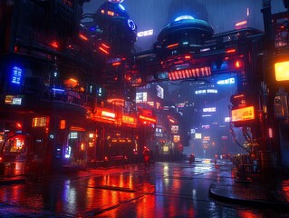 Cyberpunk city street at night with rain and neon lights.
