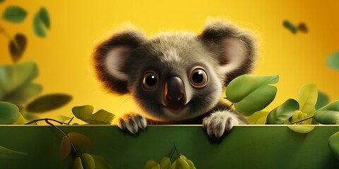 Fototapeta premium Cute koala with green leaves on yellow background, 3d illustration
