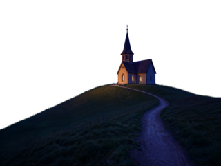 A small chapel church on top of a grass hill. Small dirt path leading to a church on a hill. Dusk hues. Isolated transparent background PNG. 