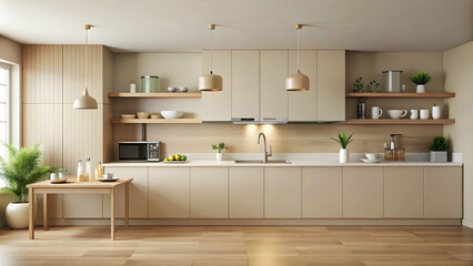 Fototapeta premium Neutral beige kitchen background with minimalist design, beige, kitchen, background, neutral, minimalist, interior, home