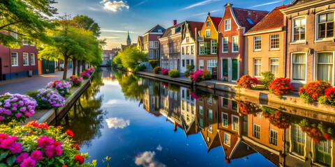 Tranquil canal scene with vibrant houses and flowers reflecting in the water, canal, charming, colorful, houses, blooming