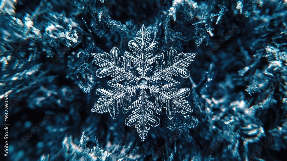 Poster a stunning close-up of a snowflake showcasing intricate patterns and details against a dark, icy bac
