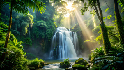 Fototapeta premium Hidden waterfall in lush jungle with sunlight filtering through dense foliage, illuminating mist rising from falls, waterfall