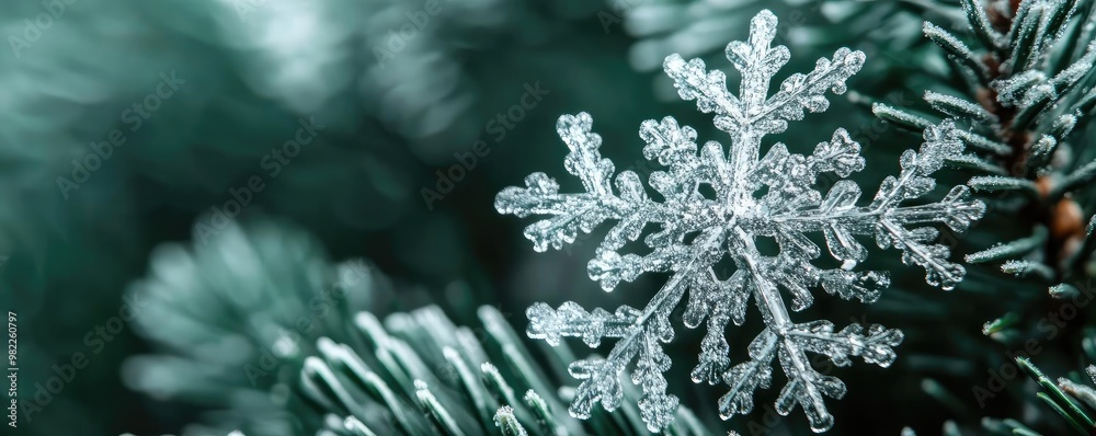 Poster a close-up of a delicate snowflake resting on a pine branch, highlighting the beauty of winter's nat
