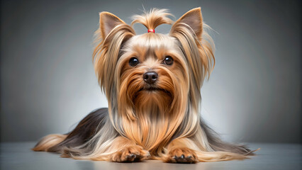 Naklejka premium Playful Yorkshire Terrier dog with long, silky fur, cute, small, pet, adorable, breed, purebred, animal, fluffy, coat
