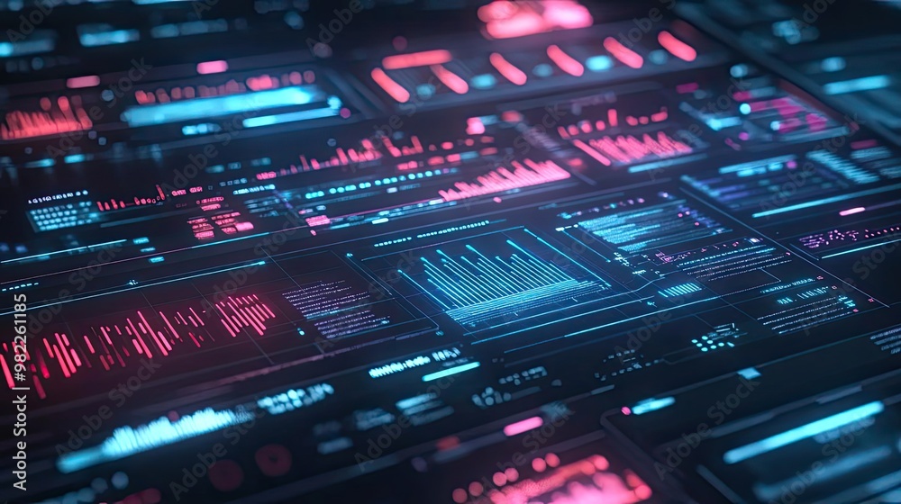 Poster Futuristic digital interface featuring vibrant neon colors and data visualization elements in a sleek design.