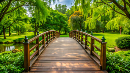 Wooden bridge surrounded by lush greenery in the park, nature, outdoors, footbridge, pathway, serene, peaceful, relaxation