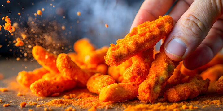 A close-up photo of a messy hand covered in orange dust from eating Cheetos, snack food, cheesy